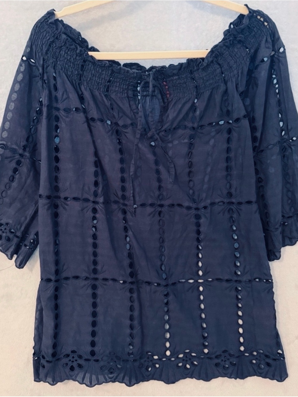 Woman Within Navy Off-Shoulder Eyelet Peasant Blouse
